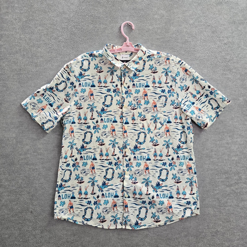 American Eagle Men Button Up Shirt Large White Aloha Hawaiian Guitar Collar